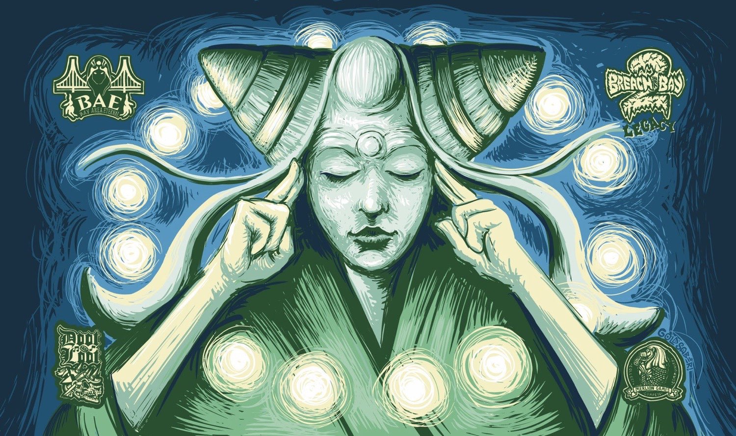 The Breach the Bay 2 Legacy playmat — Tamiyo casting Brainstorm, eyes closed with fingers to her temples amid swirling orbs of light, illustrated by Goldsabertooth in deep blue and sea green